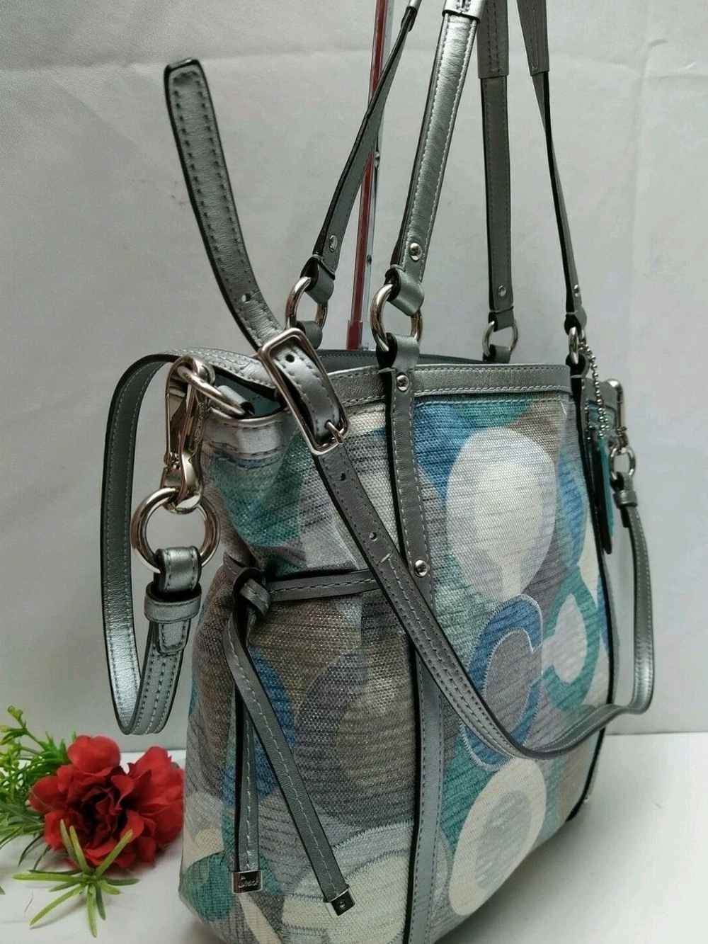 Coach Audrey Op Art Cinched Tote Multi Color Metallic W/Silver Leather Trim - Picture 4 of 16